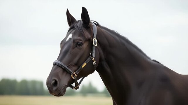 black horse portrait with bridle in open field - close-up equine head