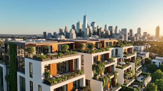 An aerial drone view showcases a luxurious, modern residential building featuring extensive green vertical gardens and balconies, set against a vibrant city skyline at sunset. Represents sustainable