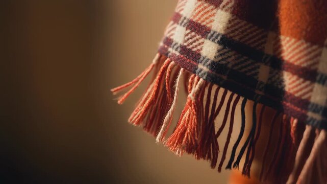 Close Up of a Woolen Plaid Blanket with Fringe in Warm Lighting