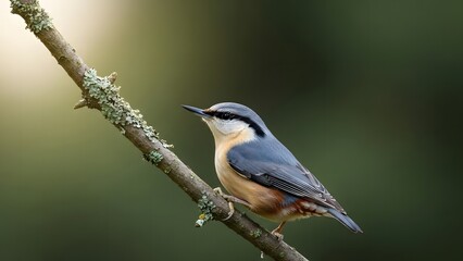 Fototapeta premium Eurasian Nuthatch Perched on a Mossy Branch in a Dark Forest