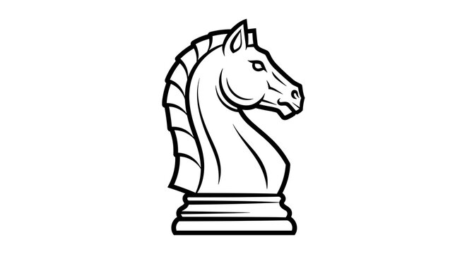 A black and white vector graphic illustration of a chess knight piece