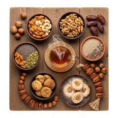 Fototapeta premium Assorted nuts and honey display isolated on transparent background