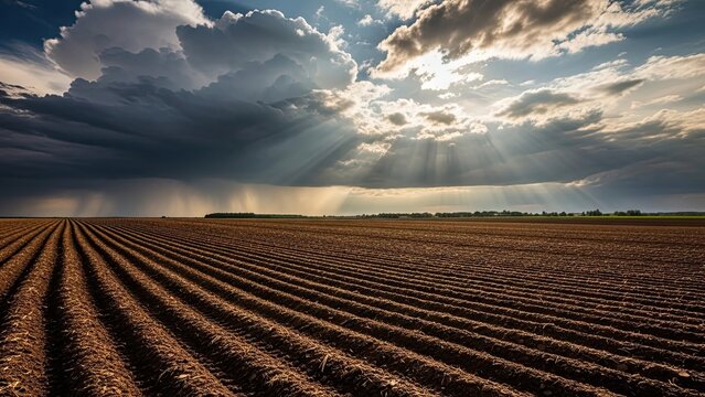 Dramatic sky above a freshly plowed agricultural field with sunlight