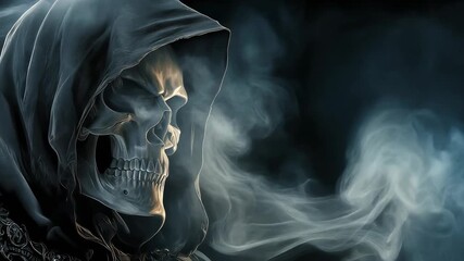 A haunting skull draped in a dark hood with ghostly smoke swirling around it.