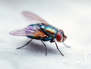 Fototapeta premium Macro photo of a housefly on white surface showing intricate detail for biology, pest control, micro photography or entomology studies