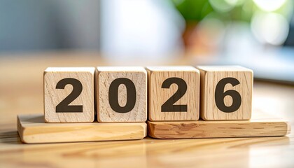 Wooden blocks displaying the year 2026 on a wooden surface.