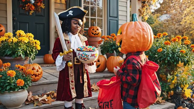 Children in Halloween costumes on porch