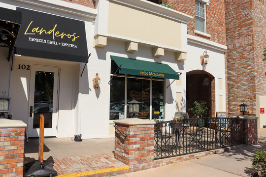 Temecula, CA USA on August 8, 2022. View of the Landeros Mexican Grill and Cantina and Spice Merchants at the Cameron Historical Building in Old Town Temecula.