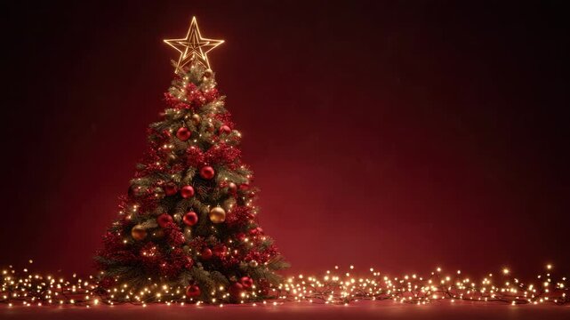 Festive decorated christmas tree with glowing star topper warm string lights garland pine branch bauble ornament red decoration gold decoration holiday cozy atmosphere sparkling fairy lights