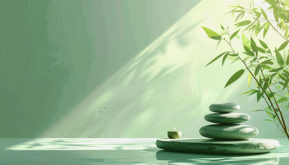Tranquil spa setting with balanced stones, bamboo branch, and a small candle, illuminated by soft sunlight creating shadows on a green background.