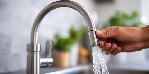Close up of hand turning off kitchen faucet to save water.