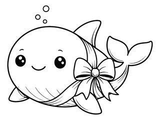 Obraz premium Hand drawn line art illustration of a cute whale depicting a gift bow for celebration designs