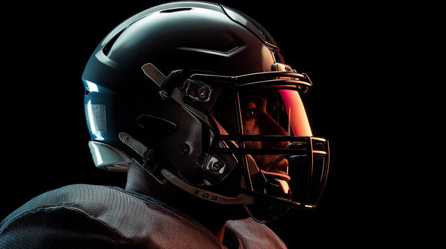Football player photographed from the side. He wears a helmet w/ no logo & a color-gradient visor. Studio-lit, dark background, cinematic feel