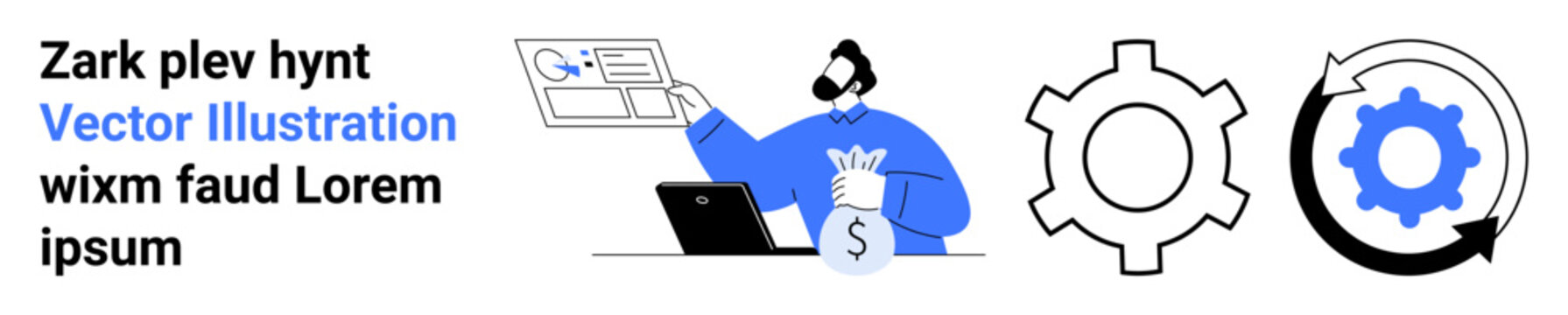 Man reviewing financial charts on laptop, holding dollar bag, alongside gear and refresh gear icons. Ideal for finance, business, productivity, process, management, automation simple landing page
