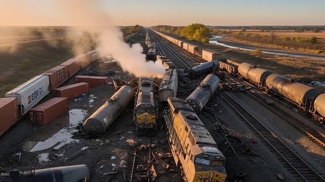 derailed freight train wreck with smoking locomotive in rail yard at sunset