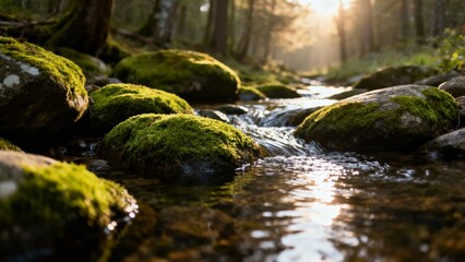 Sunlight filters through trees over a moss-covered stream in a forest