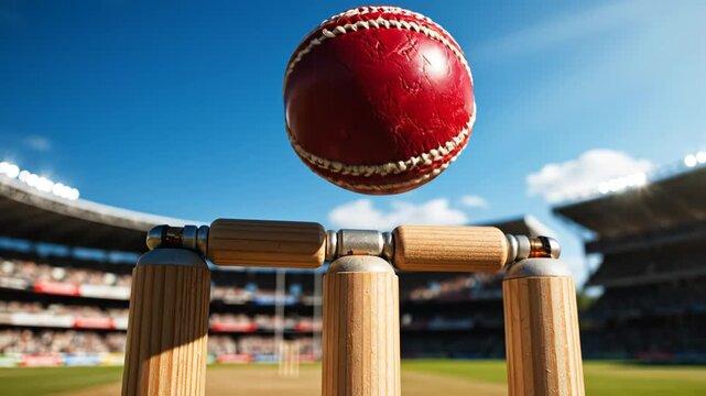 Cricket ball in flight near stumps