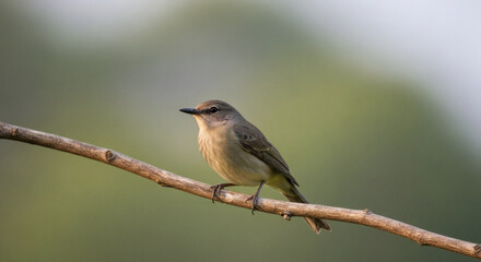 Obraz premium A small brown wild bird perches gracefully on a bare tree branch, bathed in soft natural light against a tranquil, blurred outdoor background, showcasing peaceful wildlife