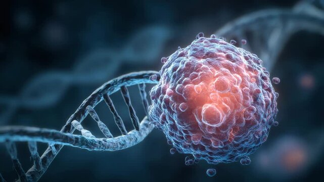 Cancer cell near DNA strand molecular biology concept microscopic tumor cell with glowing nucleus molecular structure oncology research tumor cell genetic mutation biology concept 3d illustration