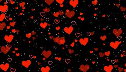 Red glowing heart shapes floating on black background creating romantic love themed abstract pattern