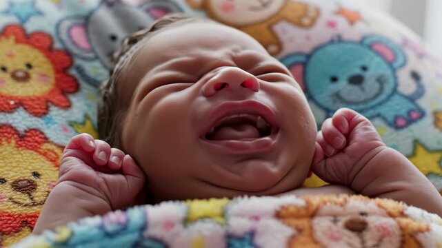 Newborn baby crying on colorful blanket
