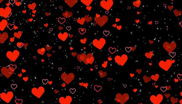 Red glowing heart shapes floating on black background creating romantic love themed abstract pattern