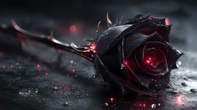 Black rose with dark wet petals and glowing red highlights lying textured surface, moody dramatic lighting and delicate water droplets creating mysterious romantic atmosphere black rose with glowing