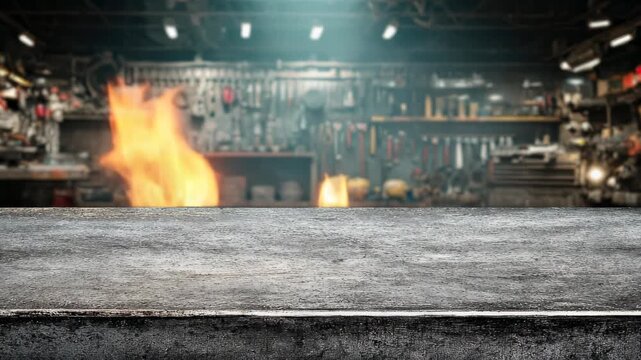 A blurred workshop background with a focus on a textured workbench surface.