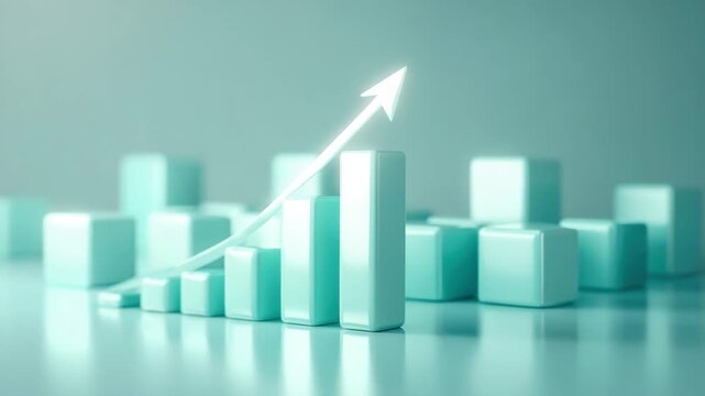Mint colored 3D bar chart with rising arrow indicating growth and success minimalist financial concept glossy blocks soft reflection growing turquoise bar chart upward arrow showing business growth