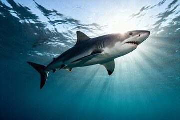 Fototapeta premium A great white shark swims gracefully underwater with sunlight streaming through the ocean surface above.
