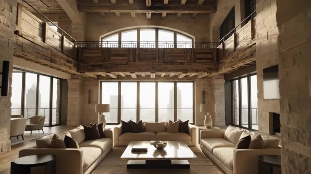 Elegant Interior Design - A Luxurious Living Room with Large Windows.