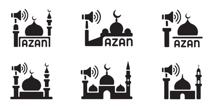 Set of mosque icons with loudspeakers and azan text, Islamic call to prayer symbols