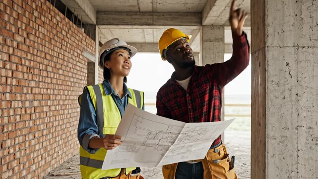 Construction workers reviewing blueprints