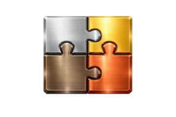 Four interlocking metal puzzle pieces forming a square, representing teamwork, connection, and problem-solving success