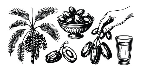 Dates fruit palm tree bowl hand glass drink illustration black white sketch vintage © MD.RAHIM