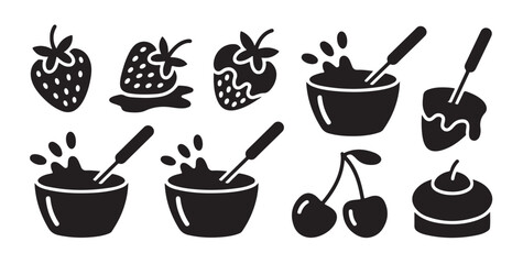 Strawberries cherries dessert bowls mixing spoon cake topping icons black