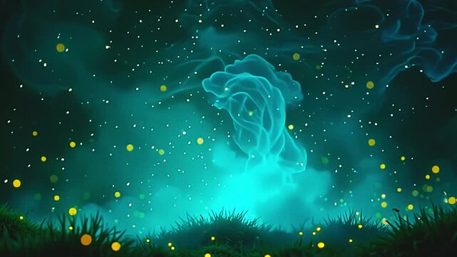 brilliant wisp burst teal vapour blast, constitute fragile volute framing amp park background, with radiant firefly glittering indiana amp mystical, nocturnal show astatine night.