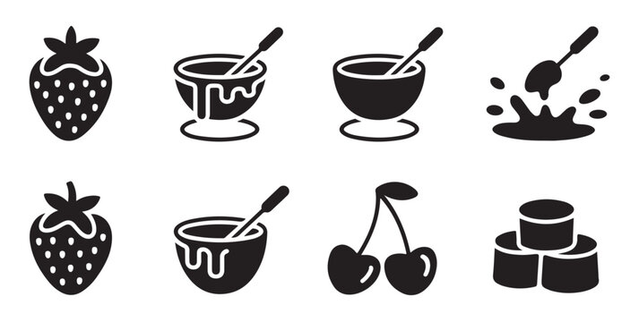 Food icons set depicting berries dessert ingredients sauce bowls spoons splashes and jars of sweet jam