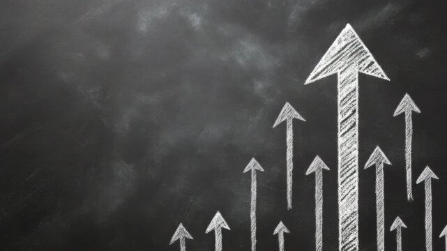 Chalk arrows pointing upward blackboard suggesting growth, progress and success with large central arrow leading group motivational concept of advancement and teamwork upward chalk arrows blackboard