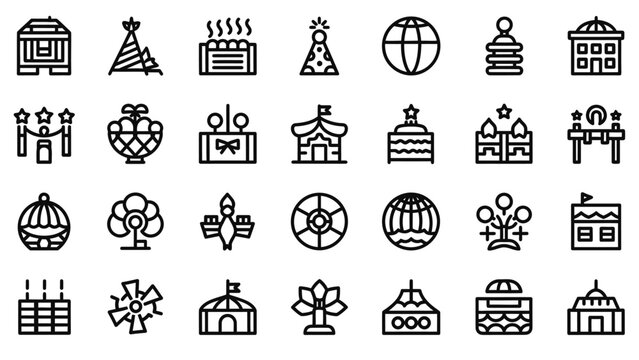 Black line icons of buildings and symbols.