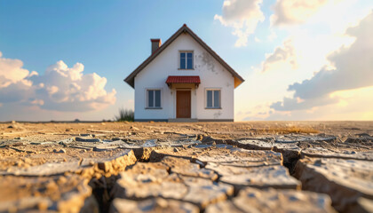 Small house on cracked dry earth under a blue sky with clouds at sunset, symbolizing drought, desertification, or housing in arid conditions