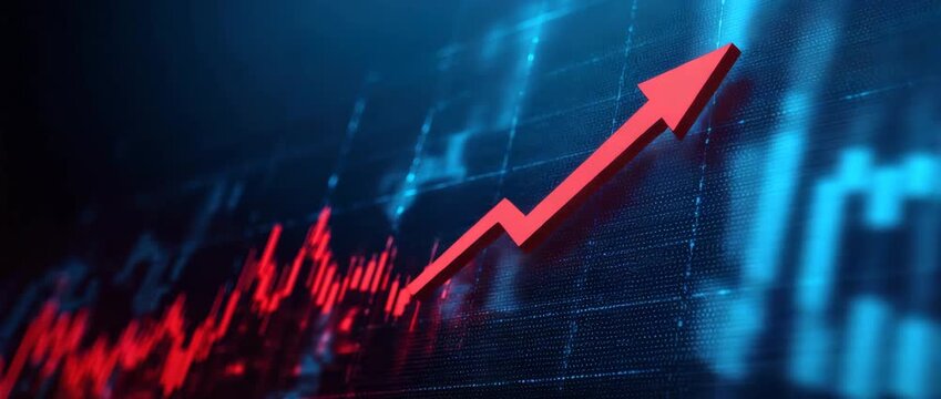 Red upward arrow glowing digital financial chart showing market growth and positive trend, rising red arrow over digital financial chart showing upward trend and market growth, rising red arrow over