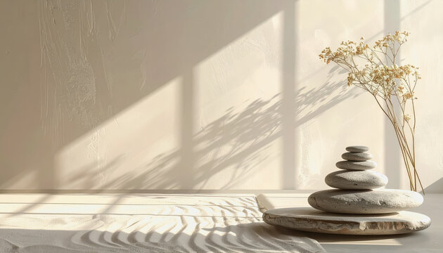 Zen meditation corner with stacked stones, dried flowers, and sand patterns, illuminated by soft sunlight and shadows for a peaceful ambiance.