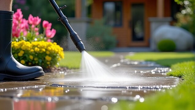 Professional using pressure washer to clean stone garden pathway, water spray frozen, high pressure water jet -garden cleaning, cleanliness, hygiene, home maintenance, outdoor spring cleaning service