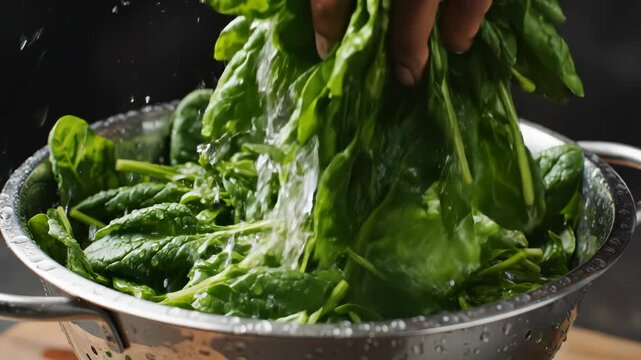 Hand washing spinach in colander