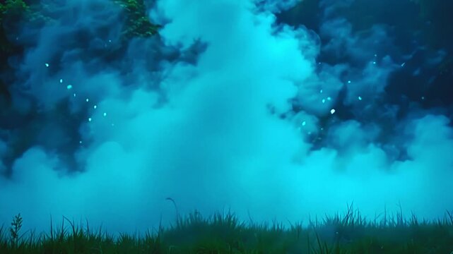 Radiant mists explode cyan vapor blast, forming angular designs on a green background, with misty swirls rippling in a serene, ethereal atmosphere at twilight.