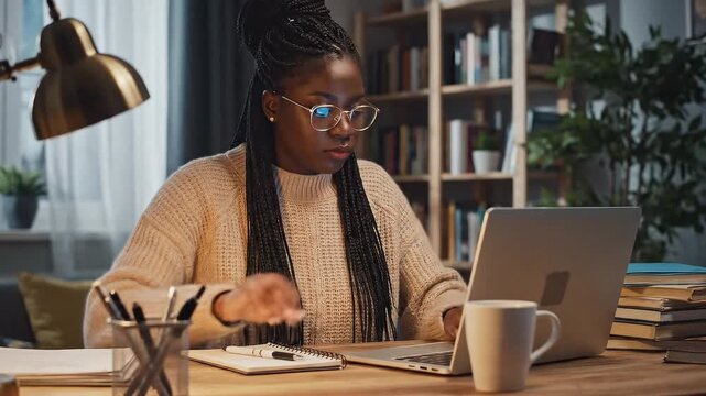 Focused young African American woman studying or working remotely, writing notes and using a laptop at her desk