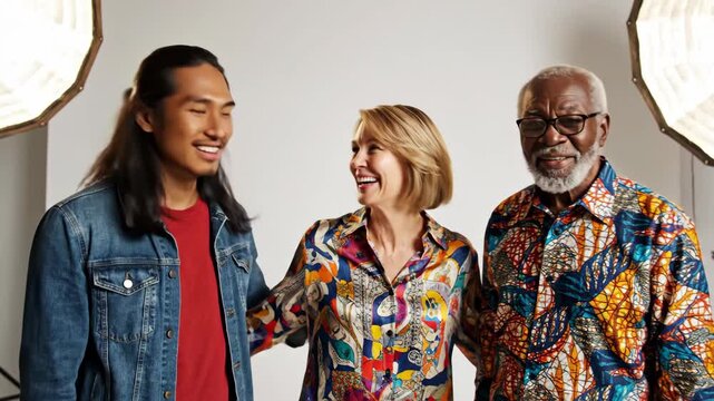 Diverse group of three people waving hello in a bright studio setting with soft lighting