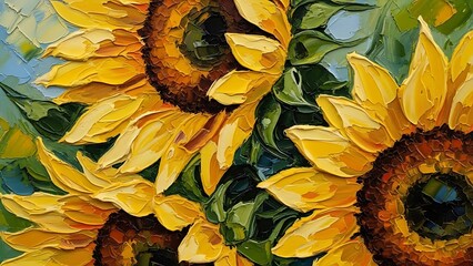 Oil painting texture closeup of vibrant yellow sunflowers impasto style © Alfi