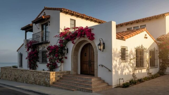 spanish style house exterior. A serene coastal house showcasing Mediterranean architecture, adorned with vibrant blooming bougainvillea, offering stunning sea views and warm sunlight